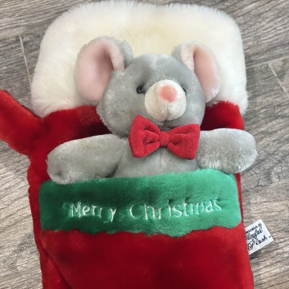 Vintage 1988 Chrisha Playful Plush Mouse Bow Tie 3D Christmas Stocking 21